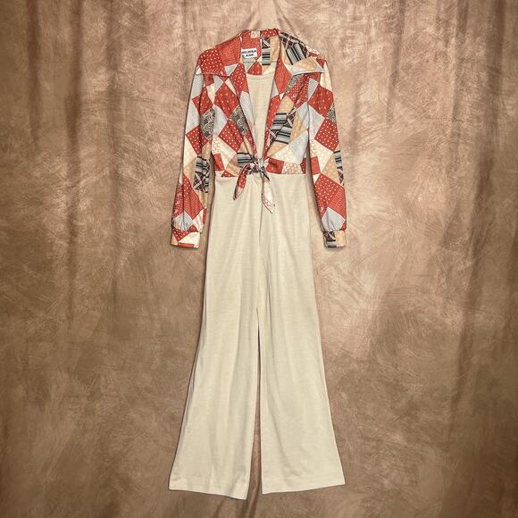 Vintage 70s Melissa Lane Patchwork Jumpsuit High Waist Tie Front Long Sleeve Mod - Picture 1 of 8